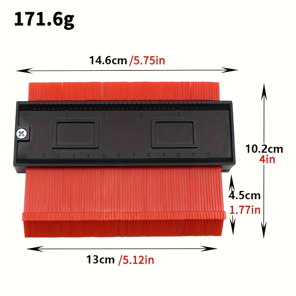 A versatile plastic contour measuring tool that can be adjusted to different angles, stretched, retracted, and reused.