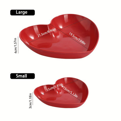 Heart-shaped plastic plates for weddings in sets of 4 or 8. Decorative red serving dishes for snacks, salads, and candy. Versatile party platters for all seasons.