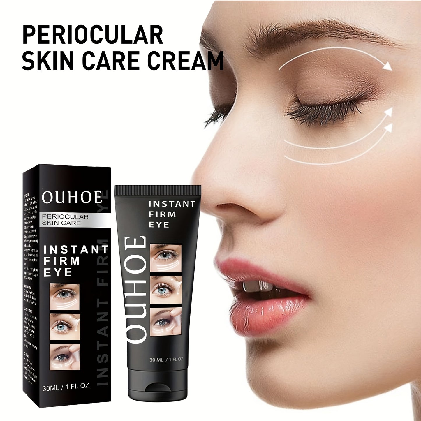 OUHOE Instant Eye Tightener Cream for all skin types. Firming and hydrating with Niacinamide & Hyaluronic Acid. Fragrance-free, enhances eye contour and moisture levels, for daily use.