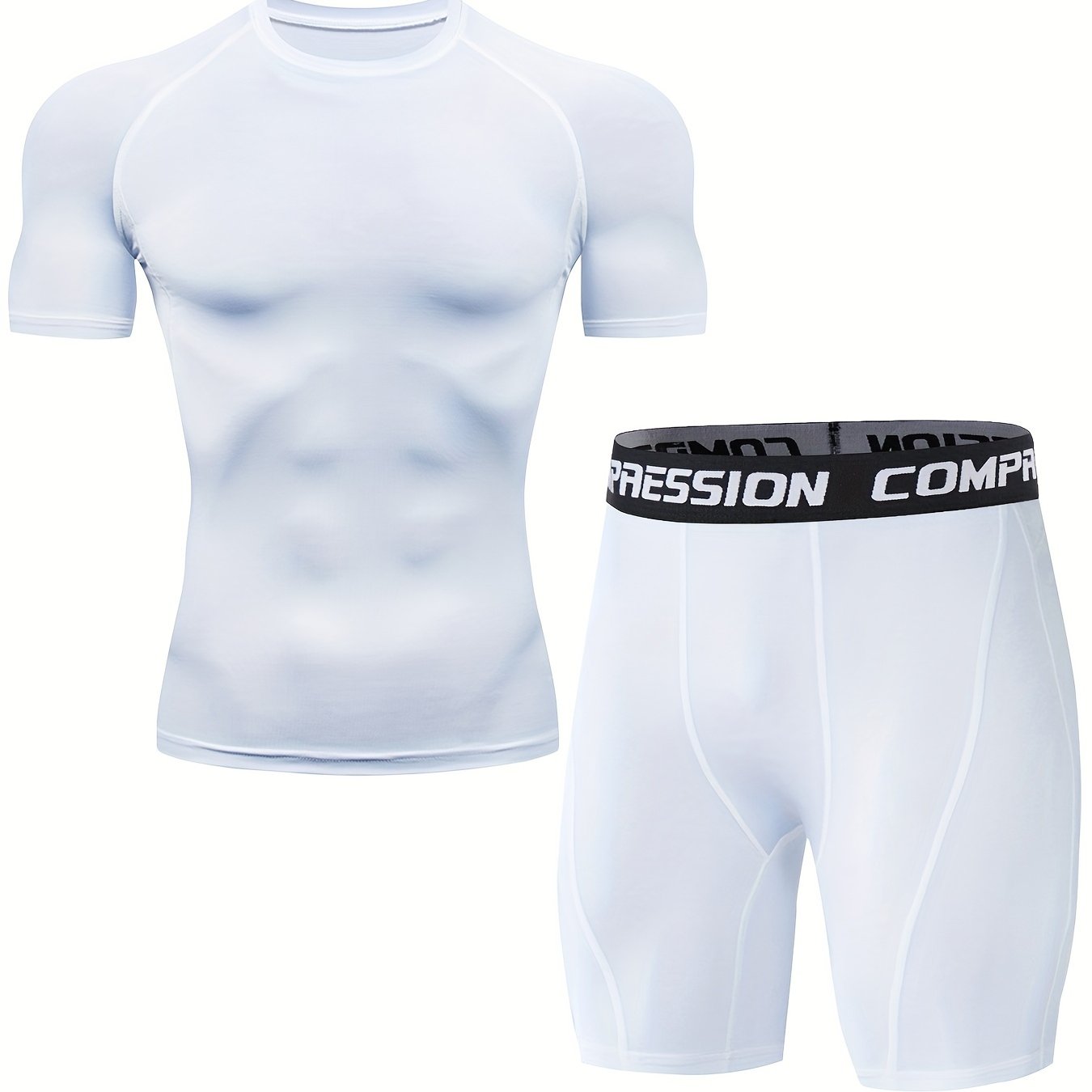 Men's sports running set includes skin-tight quick dry short sleeve compression shirt and shorts for gym and yoga.