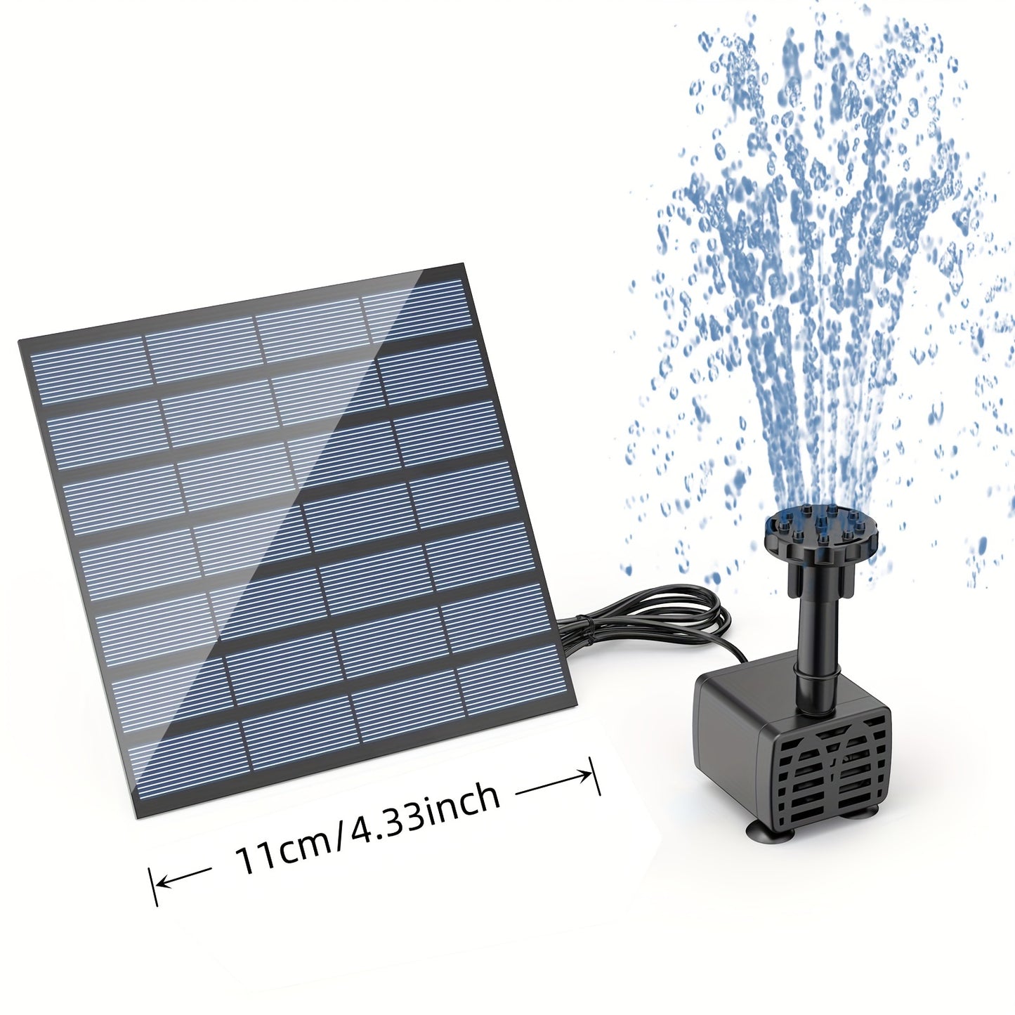 Solar-powered bird bath pump with removable photovoltaic module, ideal for garden, pond, pool, outdoor use.