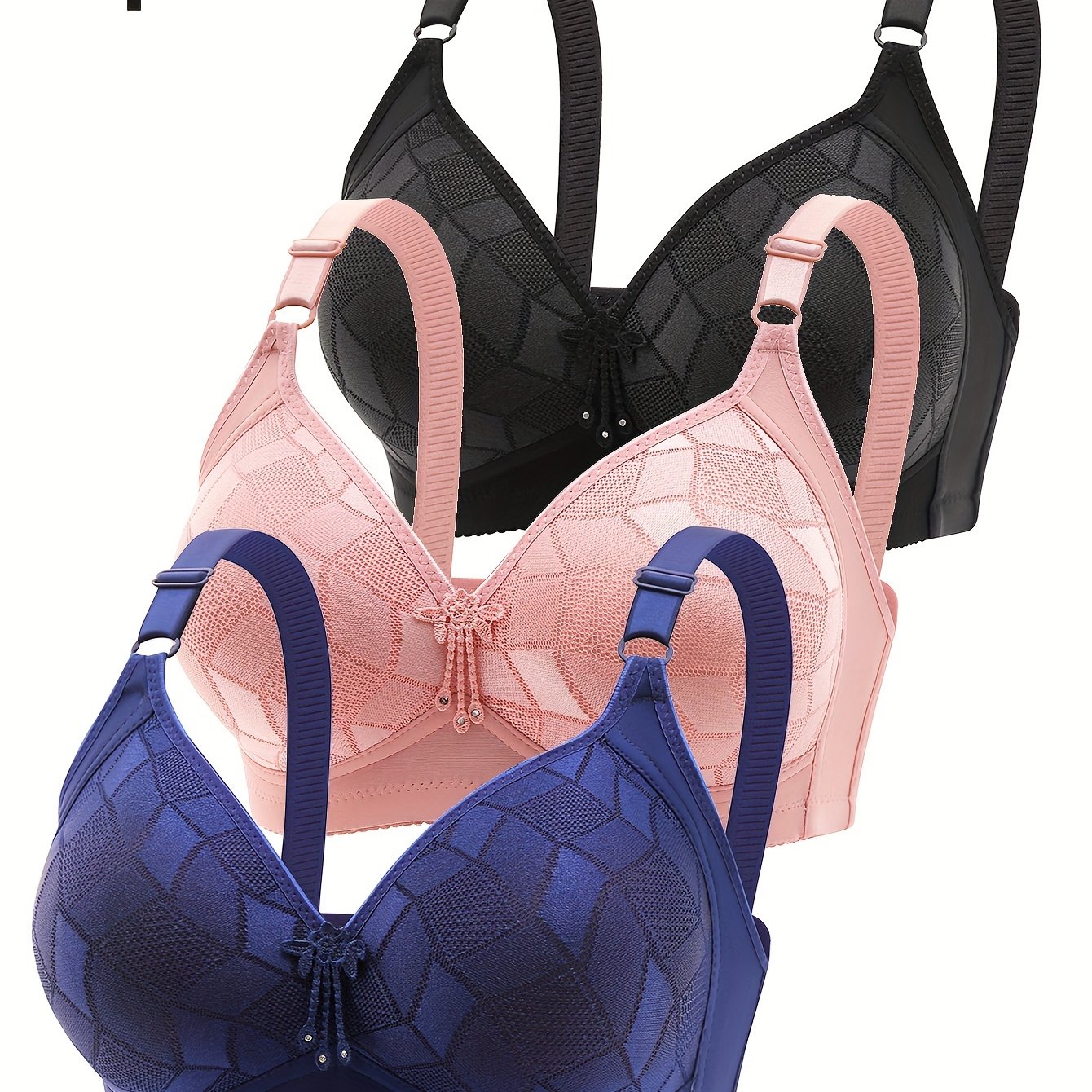 3pcs Women's Plus Elegant Bra with Geo Pattern and Push Up Design