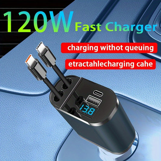 120W Fast retractable Type C car charger with two cables and USB port adapter.