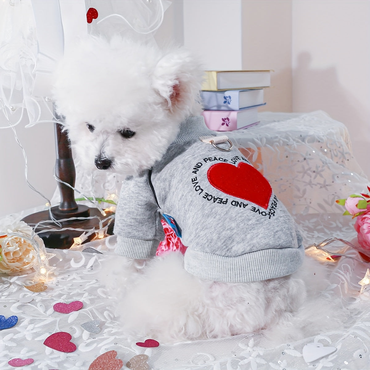 Soft knit heart-shaped pet sweater for small dogs, suitable for all seasons.