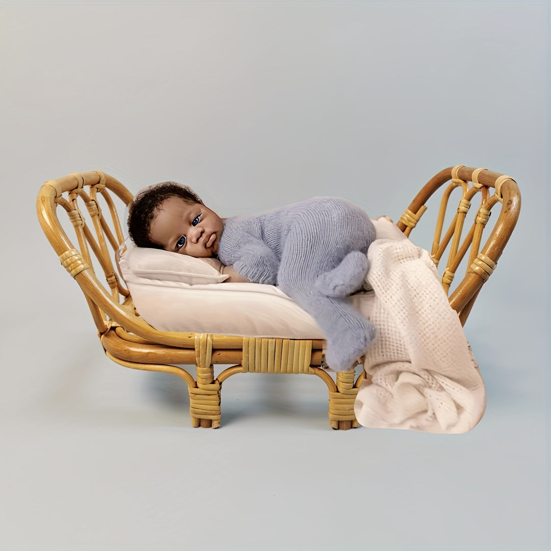 Charming Retro Rattan Kids Photography Set - Adorable Ginger Yellow Bed & Chair Props for Studio Sessions, Ideal Memento