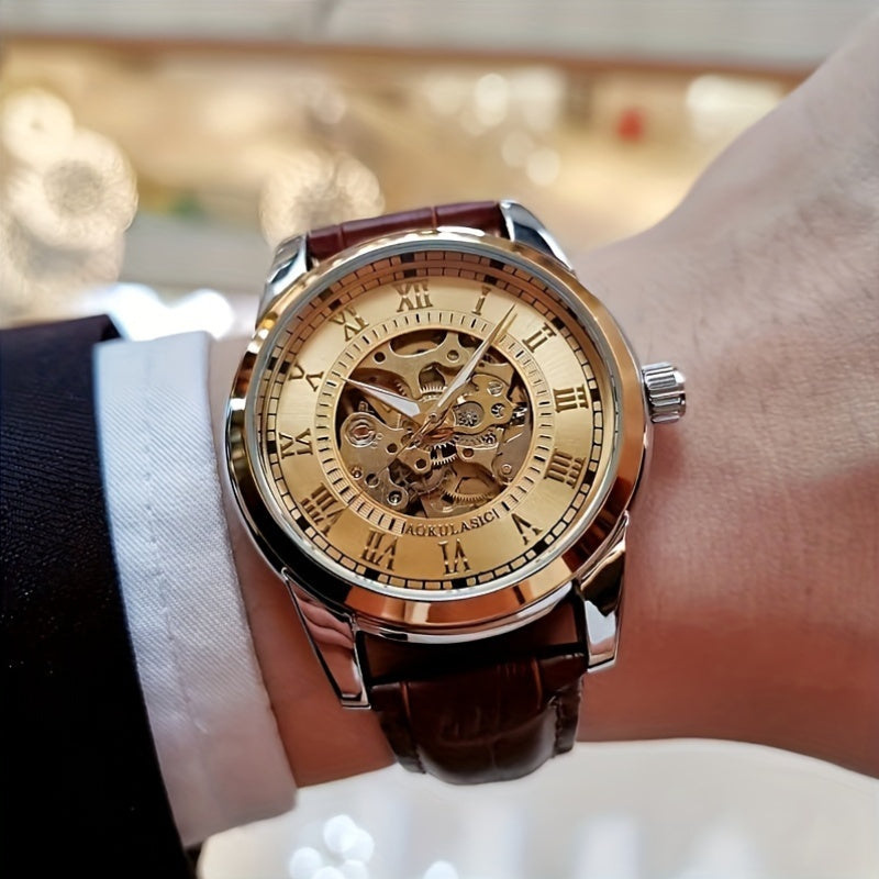 Elegant men's automatic mechanical watch with skeleton design, brown faux leather strap, self-winding. Ideal for business and casual wear, perfect gift for young men. Durable watch band