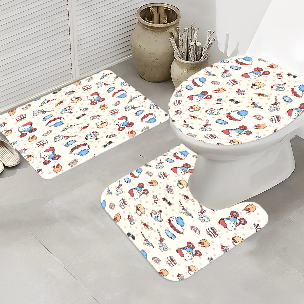 Get the perfect gift for Valentine's Day, Christmas, or New Year with the Hello Kitty 4pcs Bathroom Decor Set! This set includes a waterproof shower curtain with 12 hooks, a non-slip rug, toilet U-pad, and seat cover.