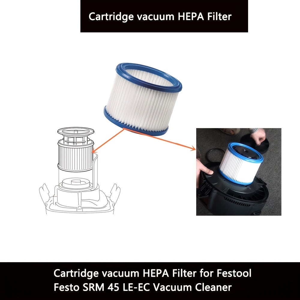 Replacement parts for the Festo SRM 45 LE-EC vacuum cleaner, including a high-quality rubber sealed 1-pack Festool compatible cartridge vacuum HEPA filter. The filter features pleated paper for enhanced filtration and a durable plastic frame.