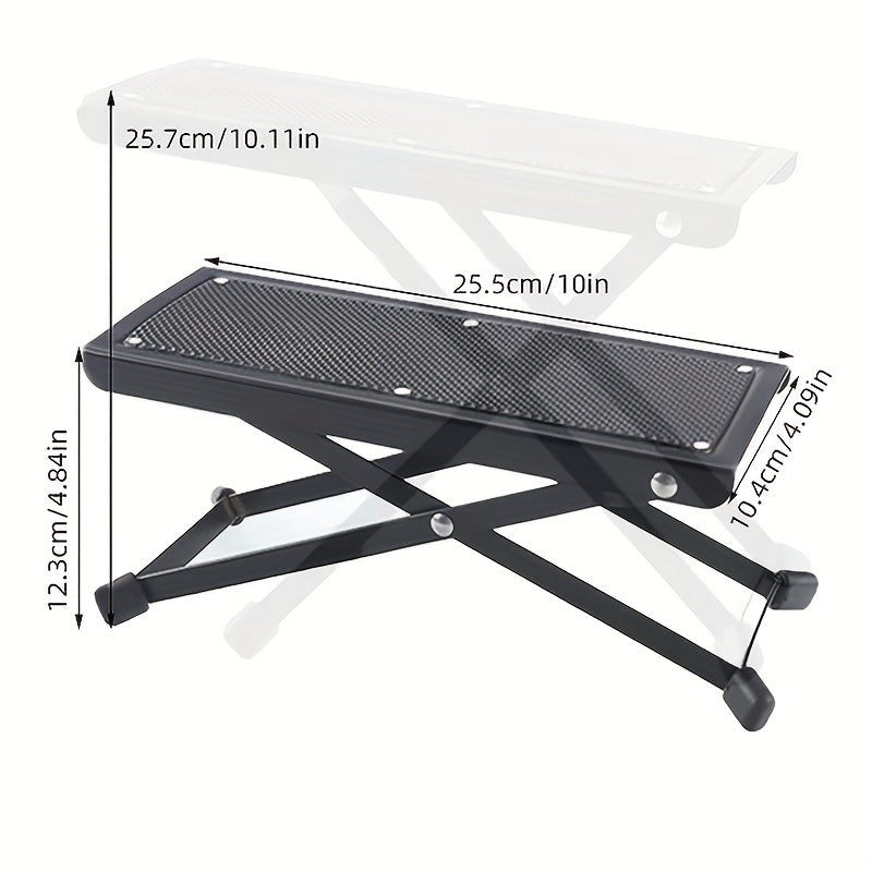 Guitar foot pedal and foot stool with 4 adjustable heights, durable metal construction, non-slip design. Ideal for musicians playing instruments or guitar at home or elsewhere.