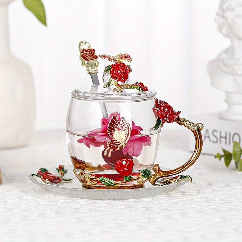 Rose enamel crystal tea cup featuring butterfly and rose design, heat resistant for coffee and water, perfect gift.