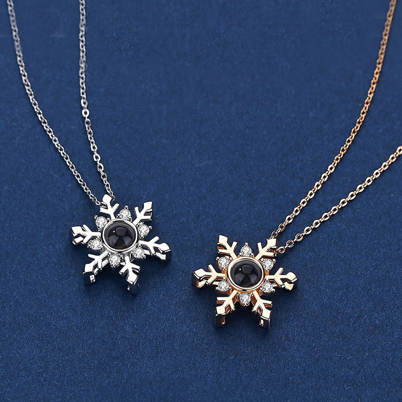 Trendy Jewelry Set: Snowflake Projection Necklace in Elegant Golden and Silvery Tones with Valentine's Day Red Rose Apple Gift Box - Perfect Gift for Women