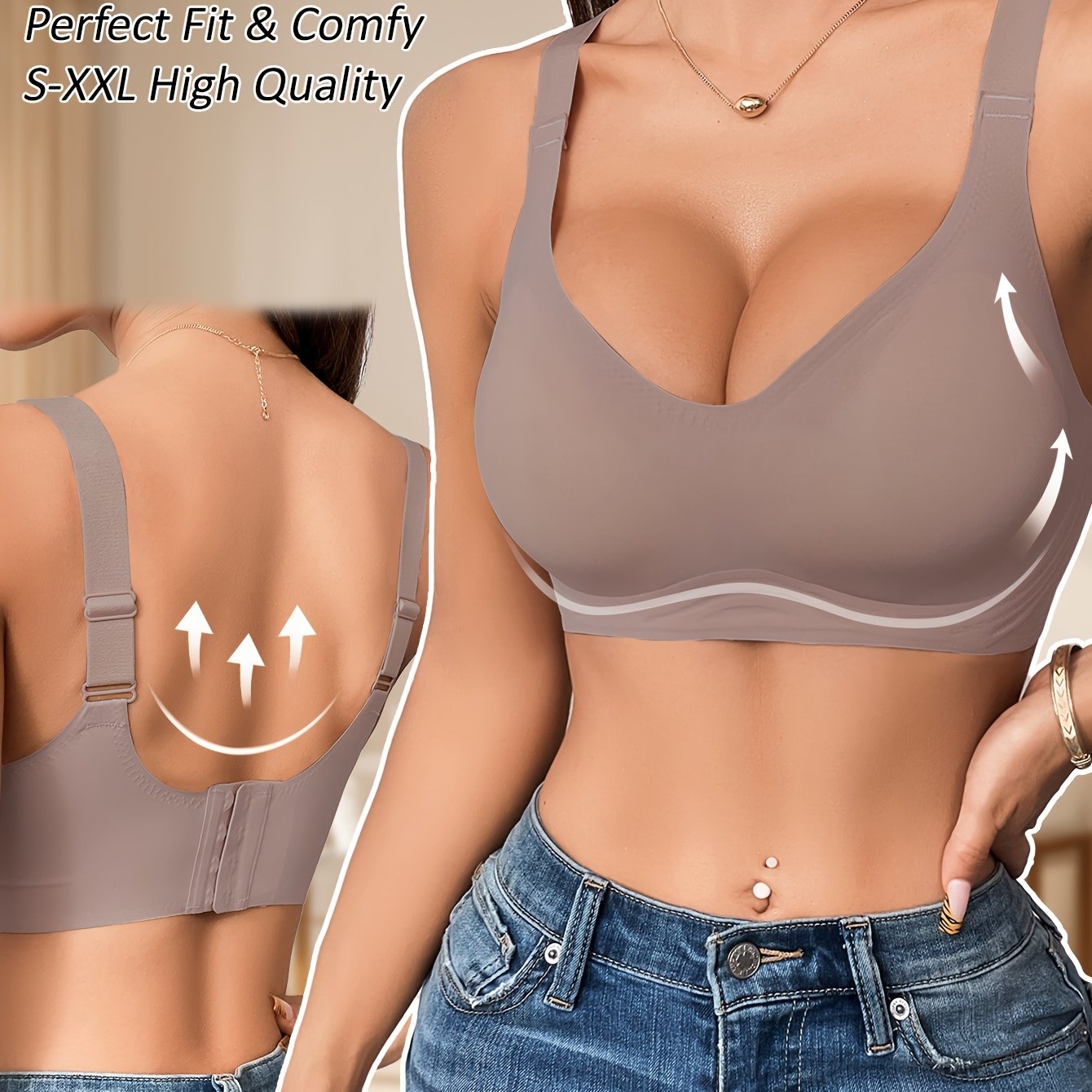 Women's wireless bra with full coverage, polyamide 85% elastane 15%, solid color knit fabric, removable pads for everyday comfort.