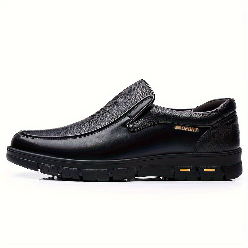 Men's slip-on business casual shoes made with head layer leather, PU lining, rubber sole, and fabric insole.