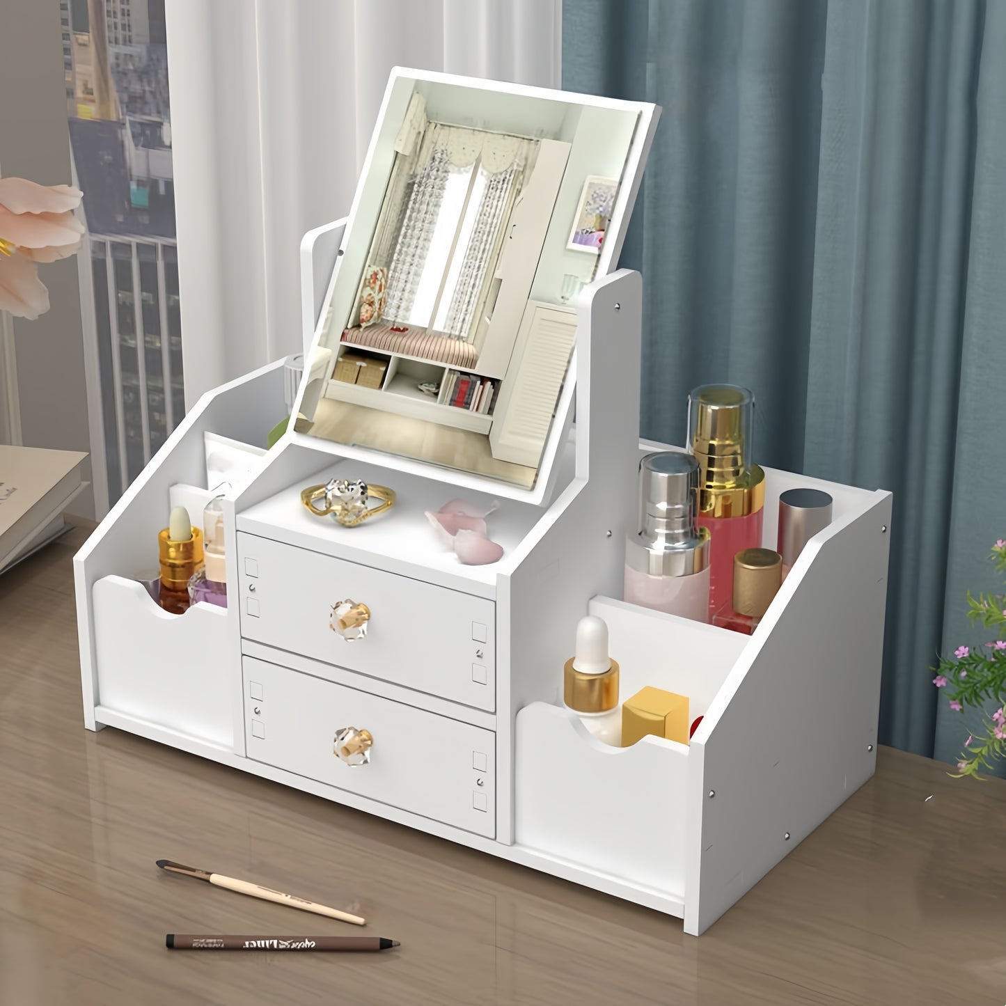 Countertop makeup organizer with mirror, drawer, and floral design for skincare products, iPhone holder, and lightweight use without electricity.