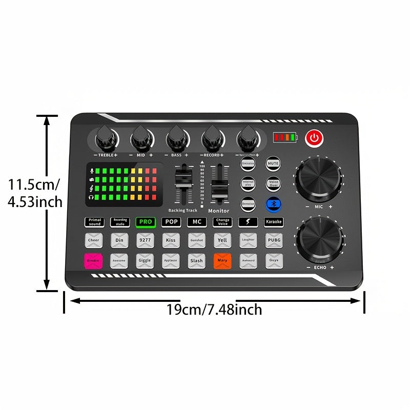 1pc F998 Live Sound Card with DJ Mixing Effects, Vocoder, Rechargeable Battery, USB Audio Interface - Podcasting, Live Streaming, Gaming - Plastic, Black, Dual Power Mode.