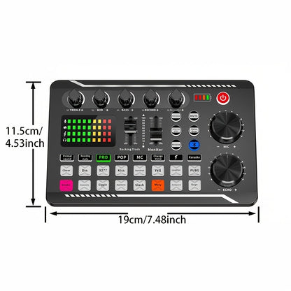 1pc F998 Live Sound Card with DJ Mixing Effects, Vocoder, Rechargeable Battery, USB Audio Interface - Podcasting, Live Streaming, Gaming - Plastic, Black, Dual Power Mode.