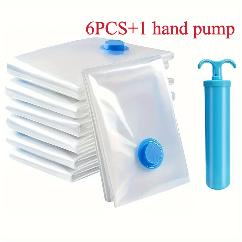 Save space on travel accessories with a set of 6-pack rectangle plastic space saver bags. These dustproof seal storage containers come with a hand pump for easy vacuum compression. Perfect for dorms, closets, wardrobes, and bedrooms. Ideal for organizing