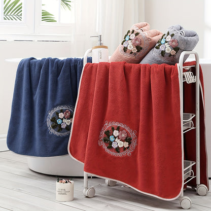 WF gauze flower 2 cents + 1 bath / 3pcs set Coral velvet embroidery towels (2 35*75cm, 1 70*140cm) soft, absorbent, quick-drying bathroom essentials for children and adults, skin-friendly