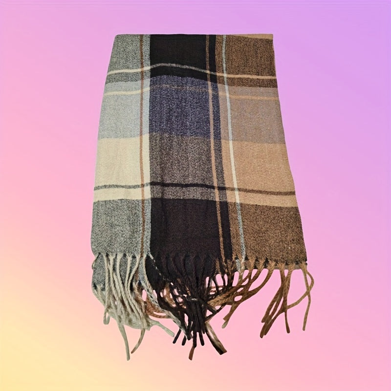 Elegant Vintage British Plaid Scarf - Cozy, Plush & Fashionable with Tassels for Both Men and Women, Faux Cashmere Material, Ideal for Autumn/Winter Seasons