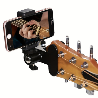 Adjustable ABS guitar headphone holder with 360-degree rotation doubles as a mobile phone stand for live streaming and music recording. Also functions as a desktop support bracket.