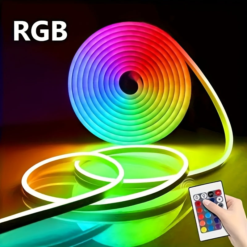 RGB Neon Light Strip with USB Interface and Remote Control, perfect for parties, holidays, and Valentine's Day. Adjustable brightness and multicolor modes. Smartphone compatible.