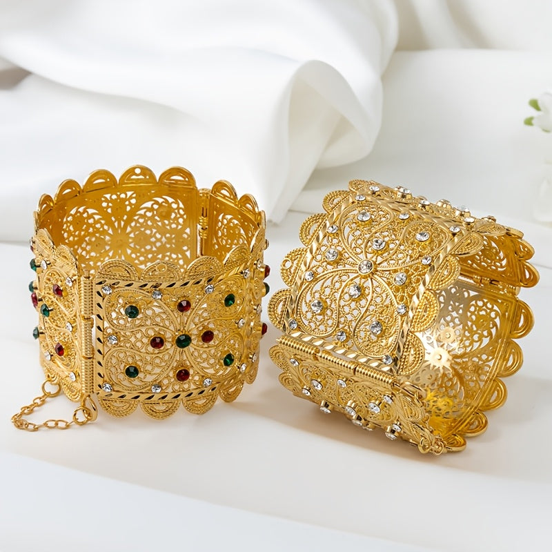 Exquisite Vintage Style Zinc Alloy Cuff Bracelet with Hollow Floral Engraving in Luxurious Golden-Tone, Ideal for Weddings and Parties.