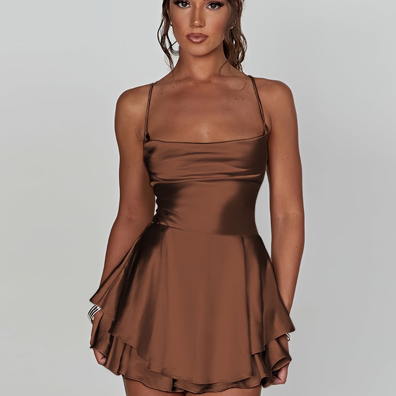 Tiered dress with spaghetti straps, cowl neck A-line mini dress, Coquette/Cute/Y2K style women's party dress.