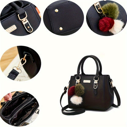 Stylish black handbag with golden-tone hardware and random ball charm, can be used as a versatile shoulder or crossbody bag for women. Ideal for travel, casual outings, and gift giving.