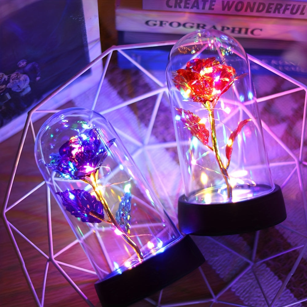 Battery-operated LED flower night light with rose pattern, plastic shade, non-rechargeable button batteries. Perfect for bedroom decor or romantic gifts.