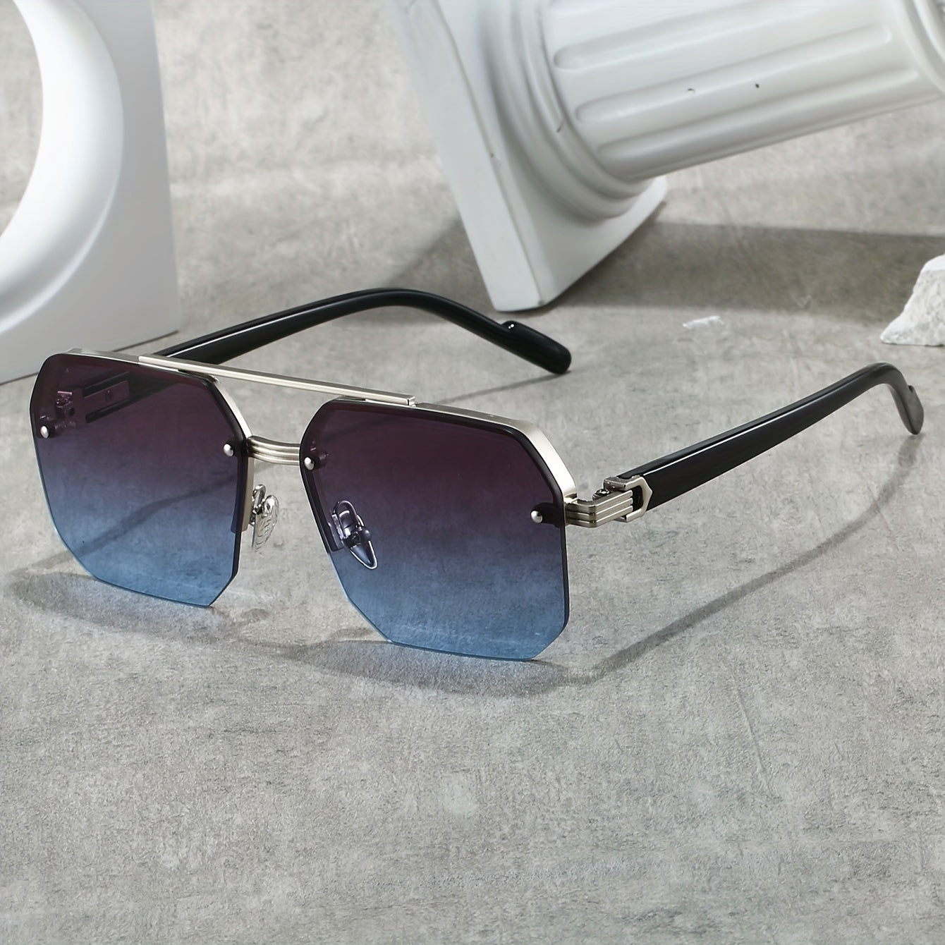 Half-frame square fashion glasses with sleek black alloy frame and PC lenses, perfect for daily wear and outdoor activities.