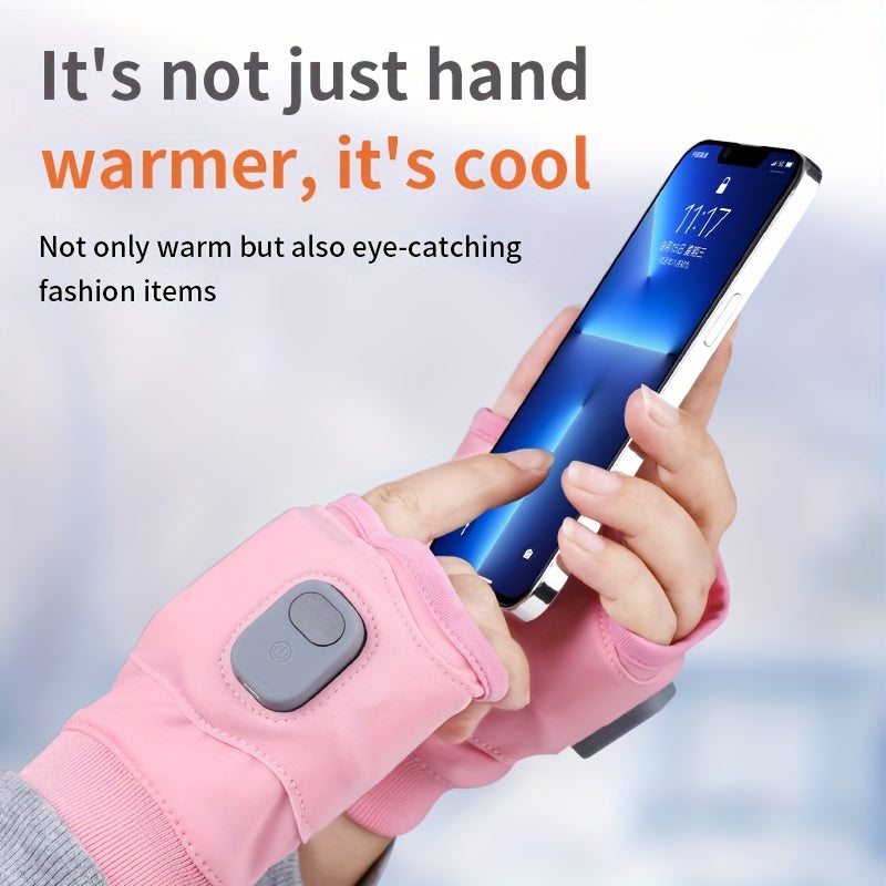 Unisex Touchscreen Heated Gloves, Solid Color Casual Style with Striped Pattern, Stretch Fabric, USB Rechargeable Fingerless Hand Warmers for Outdoor Use. These gloves are not washable.