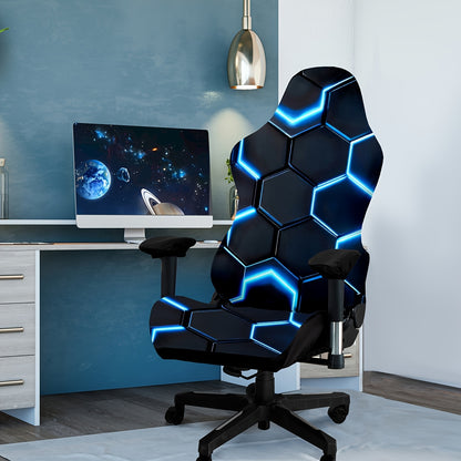 Modern gaming chair cover with high elasticity and unique digital print, made from a blend of polyester and spandex fabric. Washable and suitable for home and office decor.