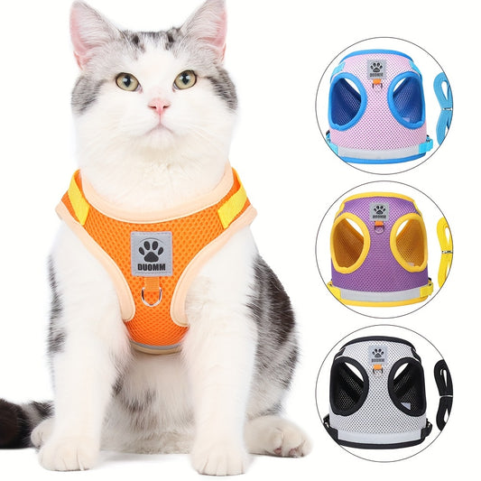 Anti-escape cat harness with reflective and breathable material, adjustable for outgoing and traveling.