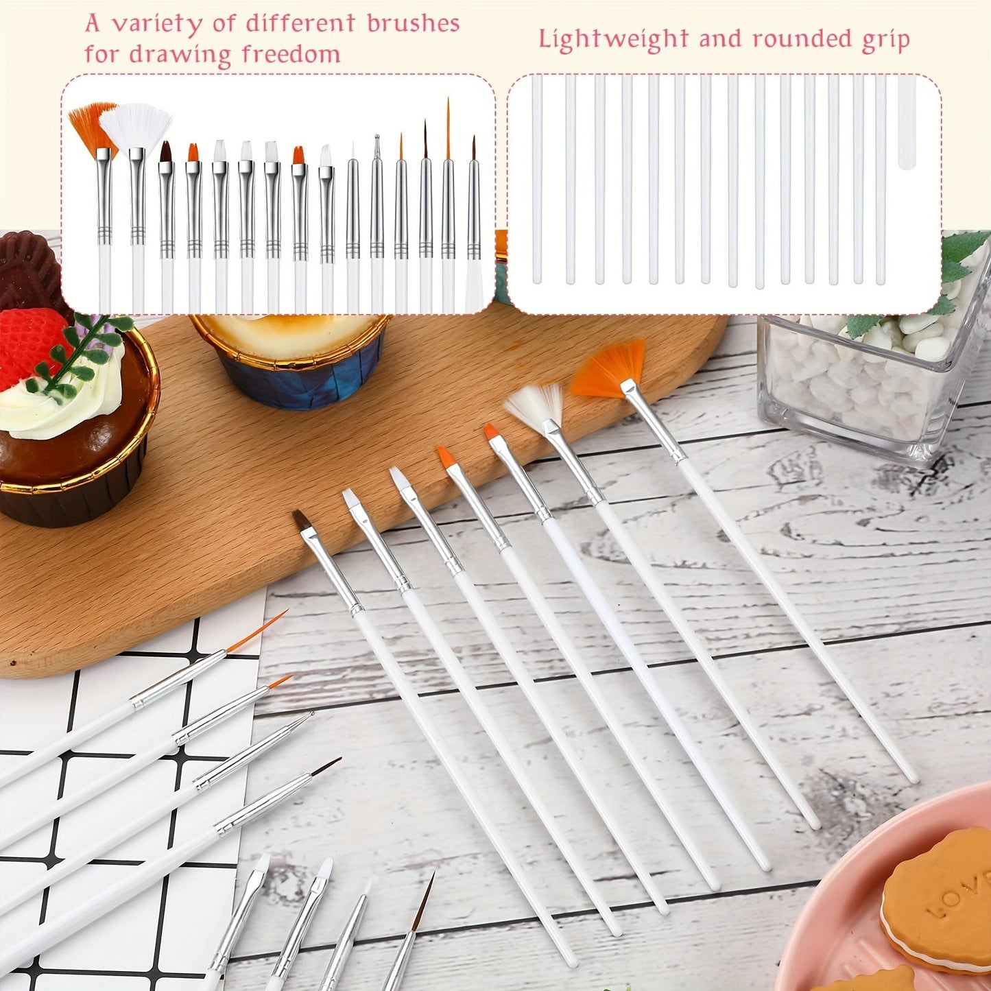 Set of 15 Cake Decorating Brushes for painting and decorating cakes. Includes food paint brush, fondant brush, cookie brushes, and icing pastry brush. Perfect for baking and DIY projects. Ideal for cake decorating and painting.