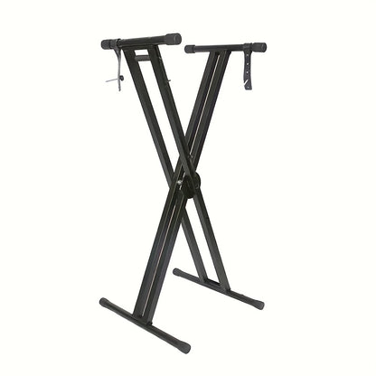 Foldable black alloy keyboard stand - adjustable height, durable, portable, ideal for synthesizers, pianos, and more. Perfect Valentine's Day gift.