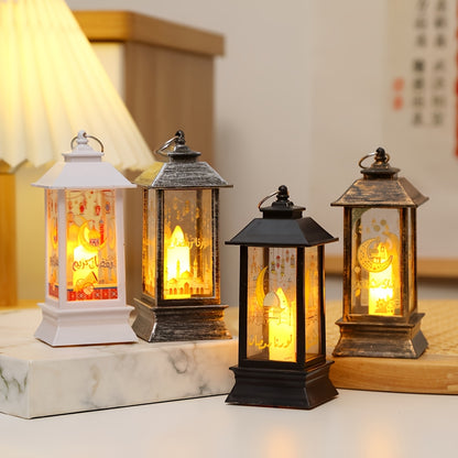 Rustic LED lantern for home decor and festive celebrations, battery operated with included button battery, perfect for Eid al-Fitr and holiday ambiance. Traditional style lantern made of