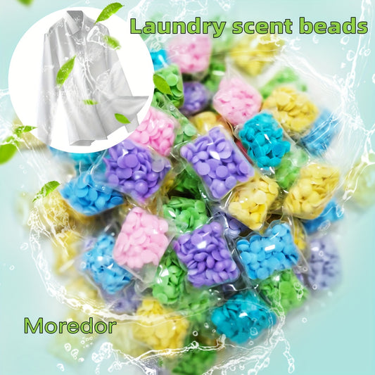 Laundry scent beads with double fragrance for odor removal and long-lasting freshness in commercial laundry rooms.