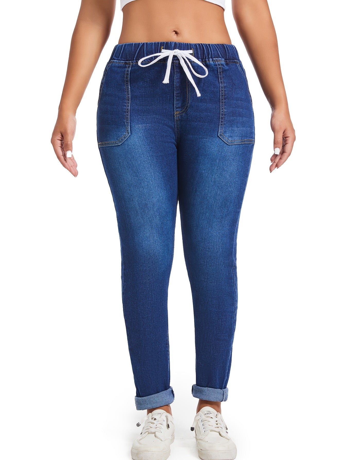 Vintage style women's plus size skinny jeans with drawstring waist, made of 49% polyester and 3.0% spandex denim.