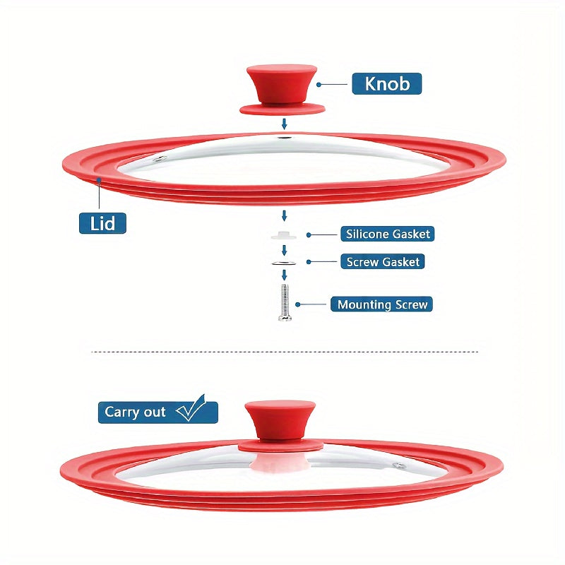 Multi-functional red silicone-rimmed glass lid designed for pots and skillets from 20.32cm to 27.94cm in diameter - can be safely cleaned in the dishwasher, features a non-slip knob, and is heat resistant.