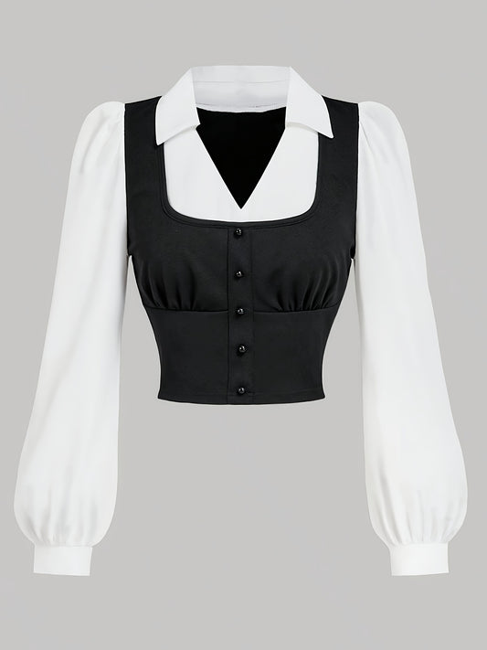 Elegant black and white patchwork top with collar and long sleeves. Made of a polyester blend and machine washable for women. Chic button-up design.