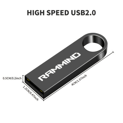 RAMMIND High-Speed USB 2.0 Flash Drive with Metal Keychain Design, available in various sizes for multiple devices.