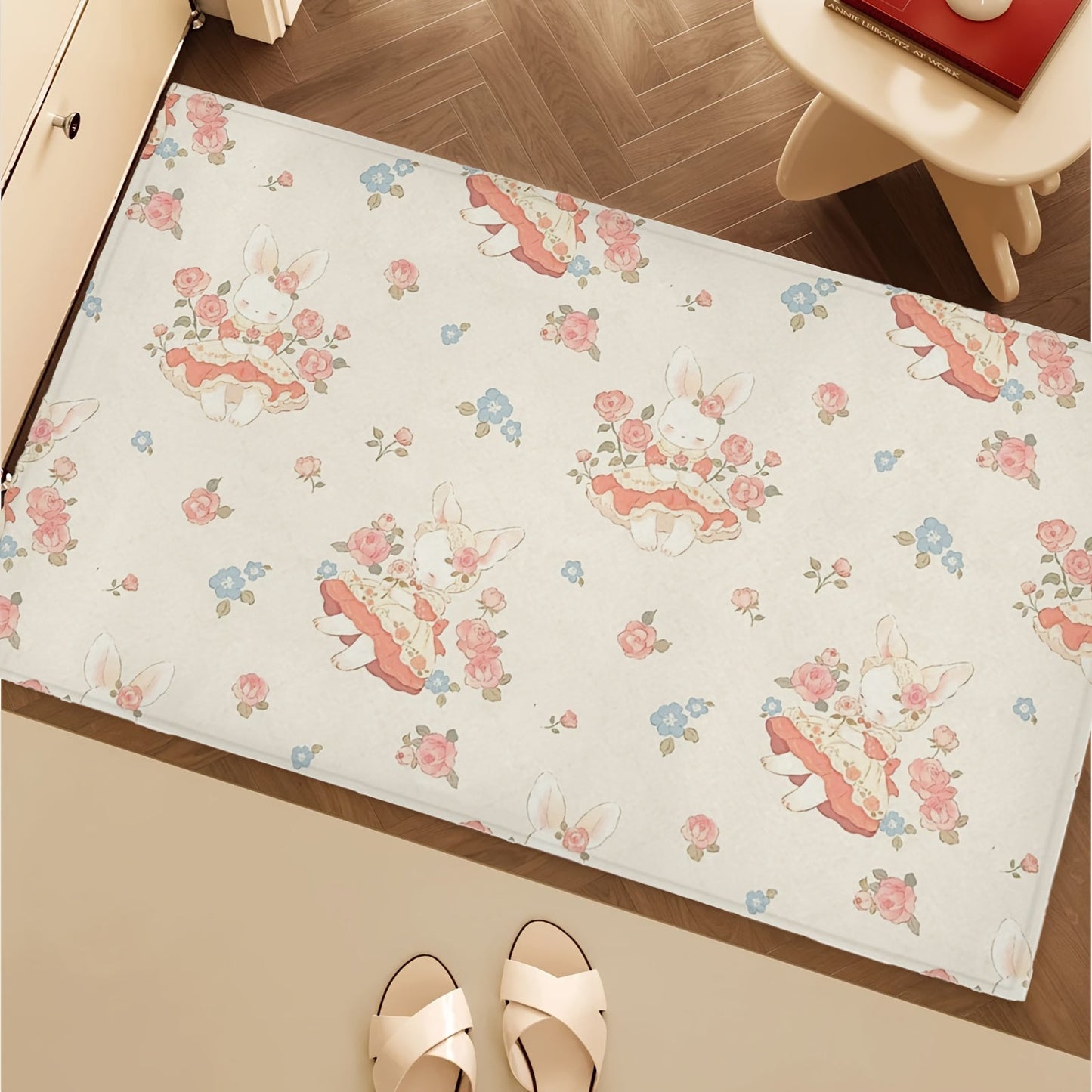 Enhance your space with this charming Rabbit & Floral Design Kitchen Floor Mat. Measuring 76.2cm x 45.72cm, this mat is customizable and perfect for your bedroom, bathroom, living room, office, and more. It is thick, sponge-filled for comfort, non-slip