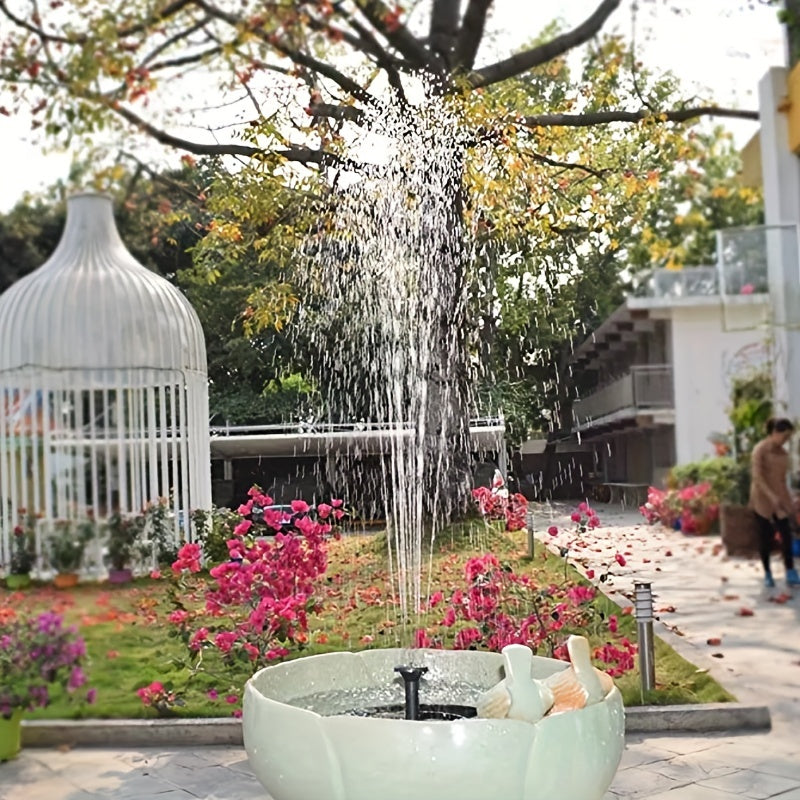 Solar fountain pump with LED light, Lithium battery powered, suitable for garden and water features, with 7 nozzle modes and durable construction.