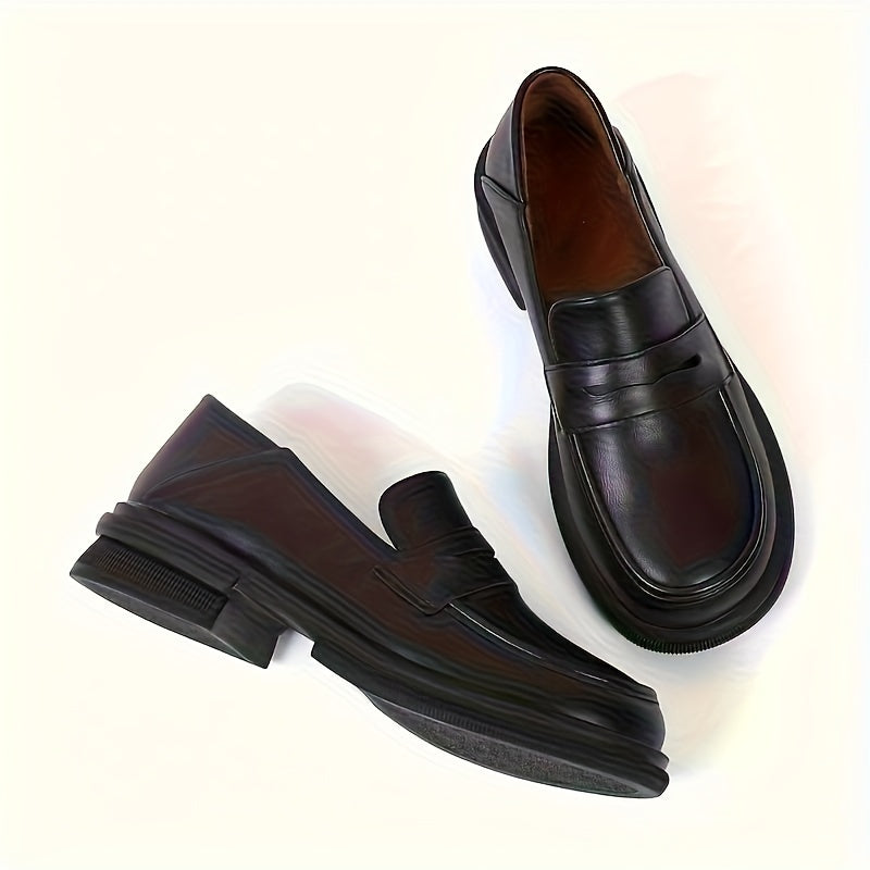 Huizhou-crafted black penny loafers for women, lightweight with rubber sole, round toe, solid color, no embellishments, suitable for all seasons.