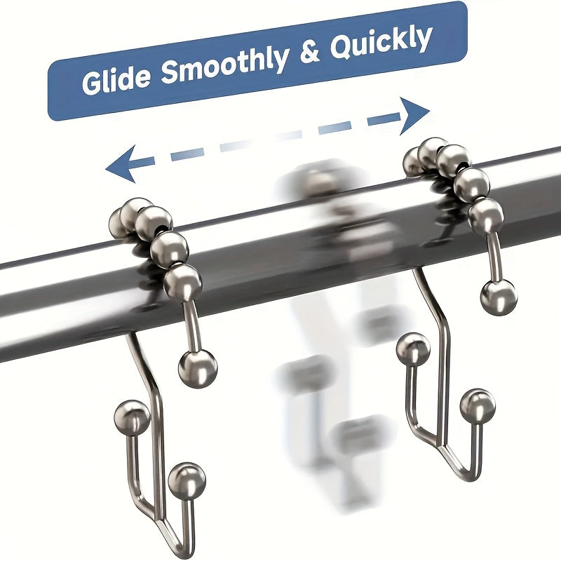 Double slide shower curtain hook made of stainless steel with ball bearings, ideal for bathroom shower rods.