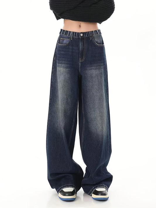 Youth wide-leg denim jeans with side pockets, elastic waist, and solid color. Non-stretch fabric suitable for all seasons.