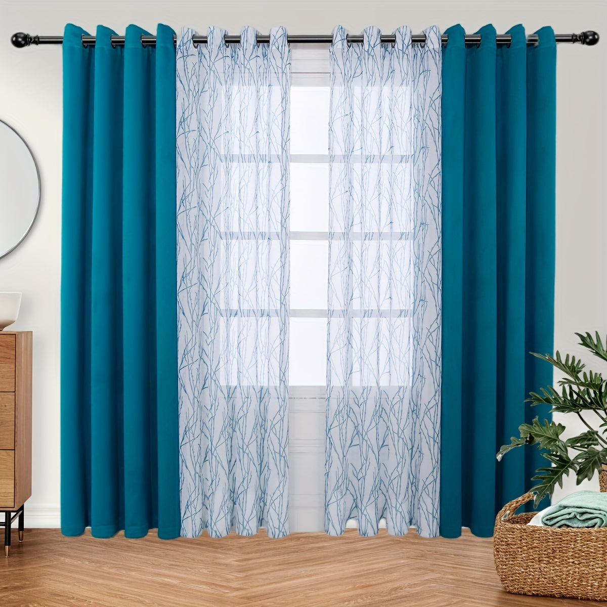 Pair of Curtains for Bedroom or Living Room - Includes 1 Sheer Branch Print Curtain and 1 Blackout Curtain, Grommet Style, 54x84 Inch Each, Dark Gray, Set of 2 Panels