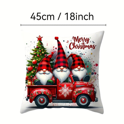 Gnome and Truck Christmas throw pillow cover in contemporary style, zippered polyester case for living room decor.