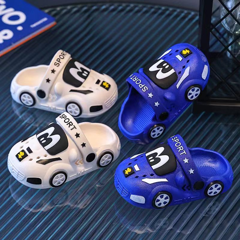 Kids Cartoon Car Slippers: Soft PVC indoor/outdoor clogs for boys and girls ages 14 and under. Slip-on water shoes for infants and toddlers.