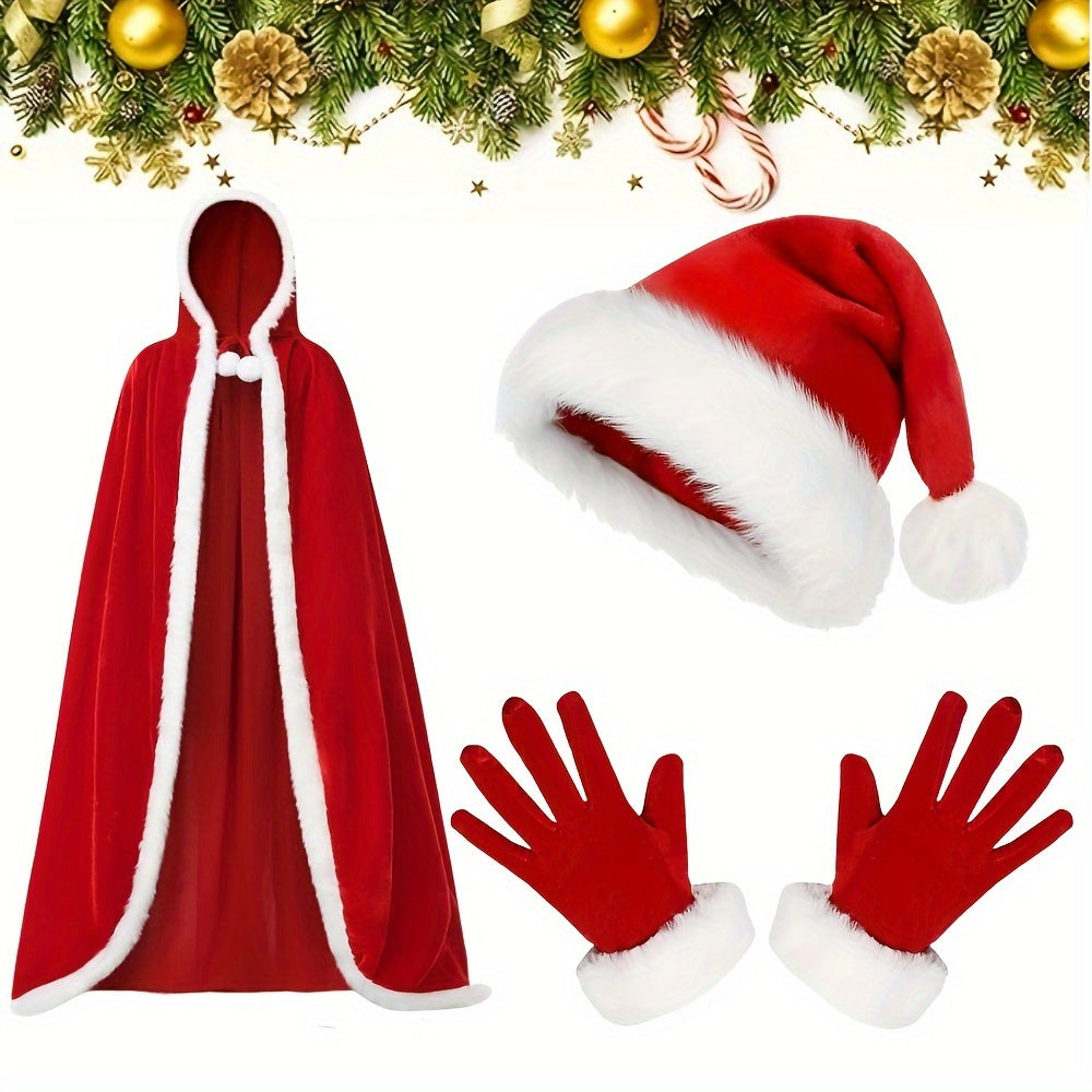 Get into the holiday spirit with our Christmas Santa Claus Costume Accessory Set! This set includes a comfortable velvet hooded cloak with white trim, a cute red velvet Santa hat, and cozy polyester & spandex gloves for ladies. Perfect for festive